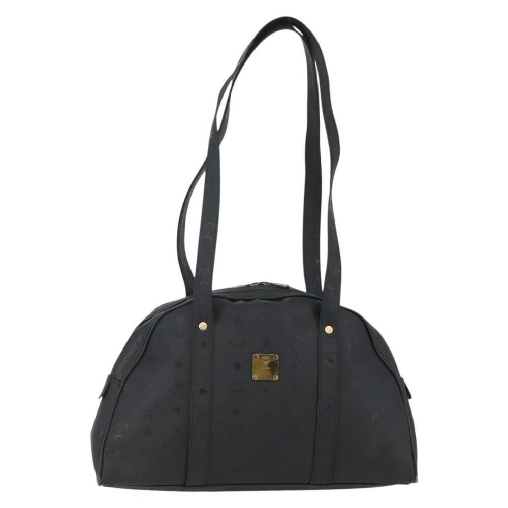 Authentic MCM Vicetos Logogram Shoulder Bag PVC Leather Black Gold
